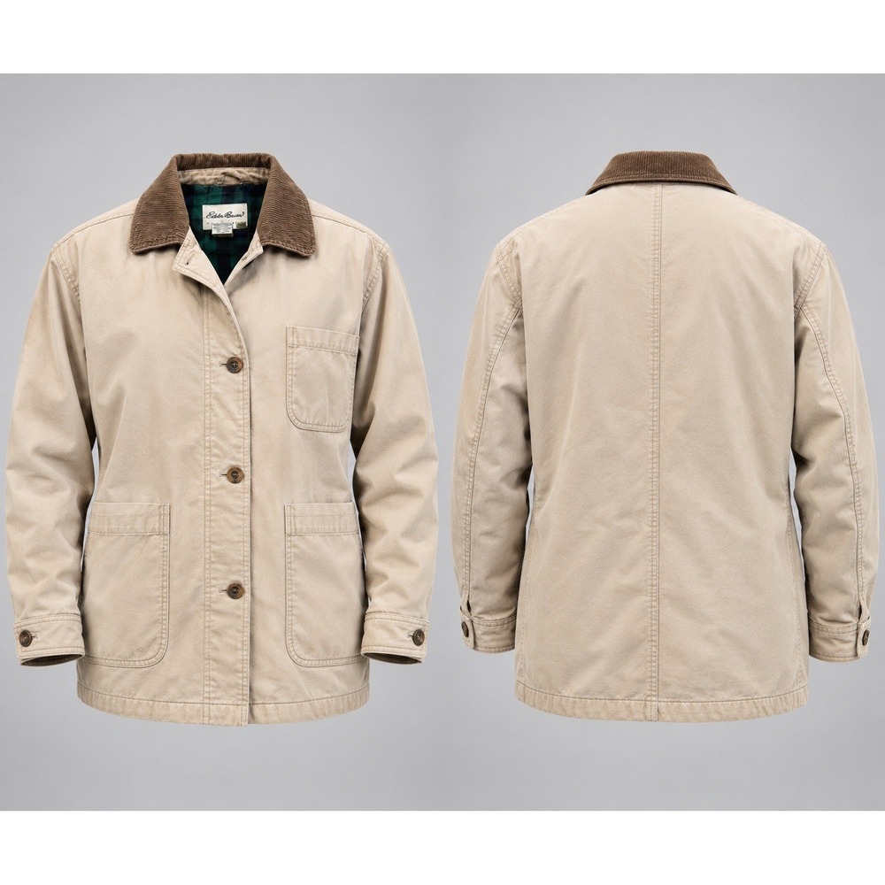 vtg Eddie Bauer Men's M Barn Coat tan Canvas Corduroy Plaid Lined flannel Stain
